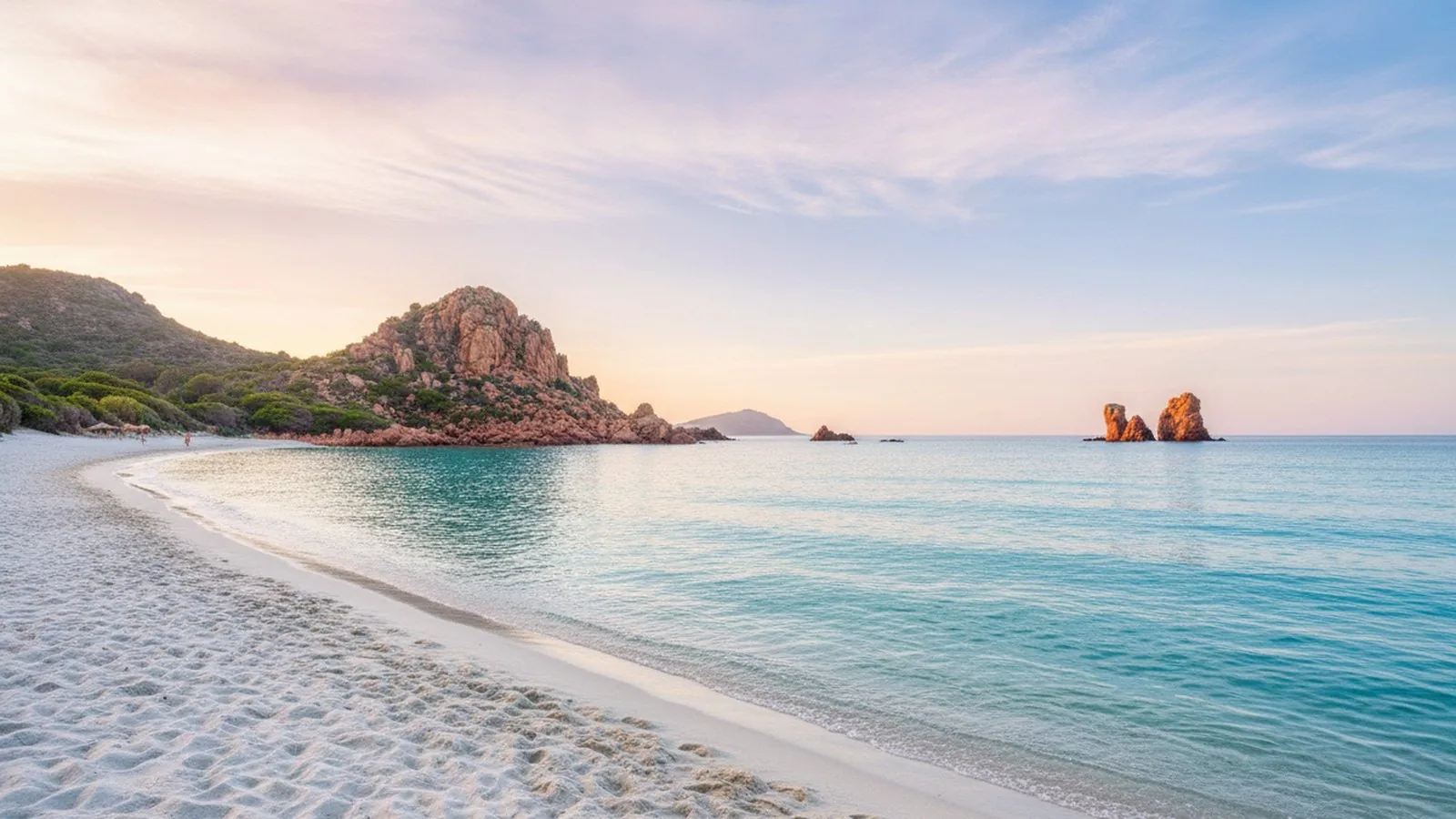 Spiaggia di sabbia chiara sulla costa di Arbatax, con gli scogli sullo sfondo
