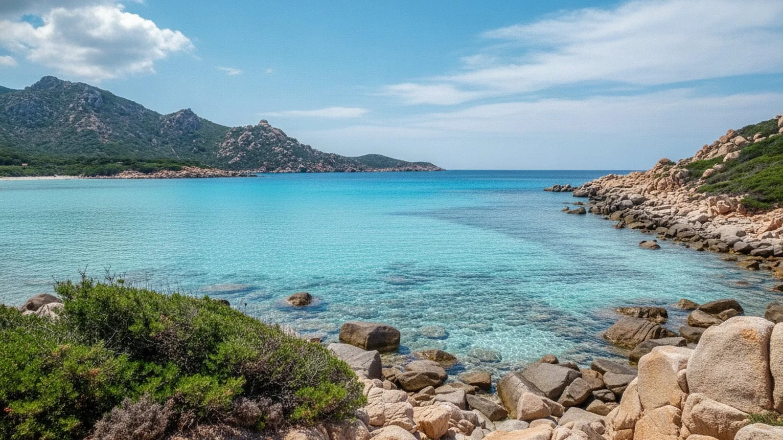 Baia dal mare turchese sulla costa dell'Ogliastra, con la macchia mediterranea sulla riva